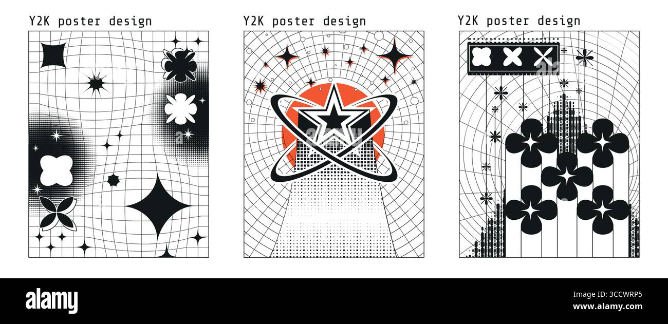 Le griglie distorte si fondono con stelle techno e forme retrò sui layout dei poster y2k per eventi rave. Sfumature mezzitoni con anelli orbitali e fiori geometrici per un design nostalgico in stile millenario. Illustrazione Vettoriale