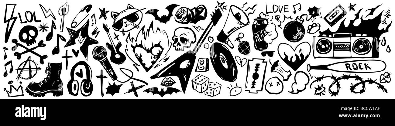 Caotico doodle punk rock con teschi, fulmini ed elementi ribelli di graffiti per l'arte della musica alternativa. Boombox con stivali, pipistrelli e simboli anarchici per progetti di cultura sotterranea. Illustrazione Vettoriale Caotico doodle punk rock con teschi, fulmini ed elementi ribelli di graffiti per l'arte della musica alternativa. Boombox con stivali, pipistrelli e simboli anarchici per progetti di cultura sotterranea. Illustrazione Vettoriale