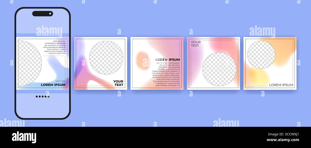 Carosello di social media pubblica modelli con sfondi sfumati e segnaposto per foto. Layout minimalisti con colori morbidi e fluidi e aree di testo per contenuti aziendali o campagne di branding personali. Illustrazione Vettoriale