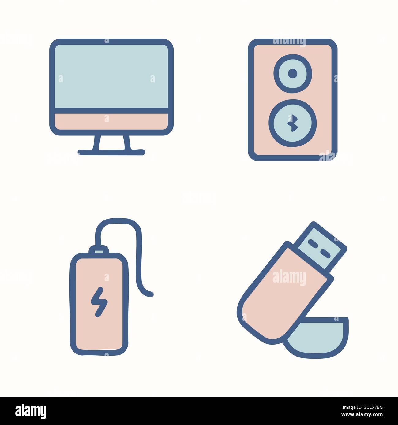 Semplici icone tecnologiche con un monitor desktop e un altoparlante alto a due driver disegnato con contorni puliti. Illustrazione Vettoriale