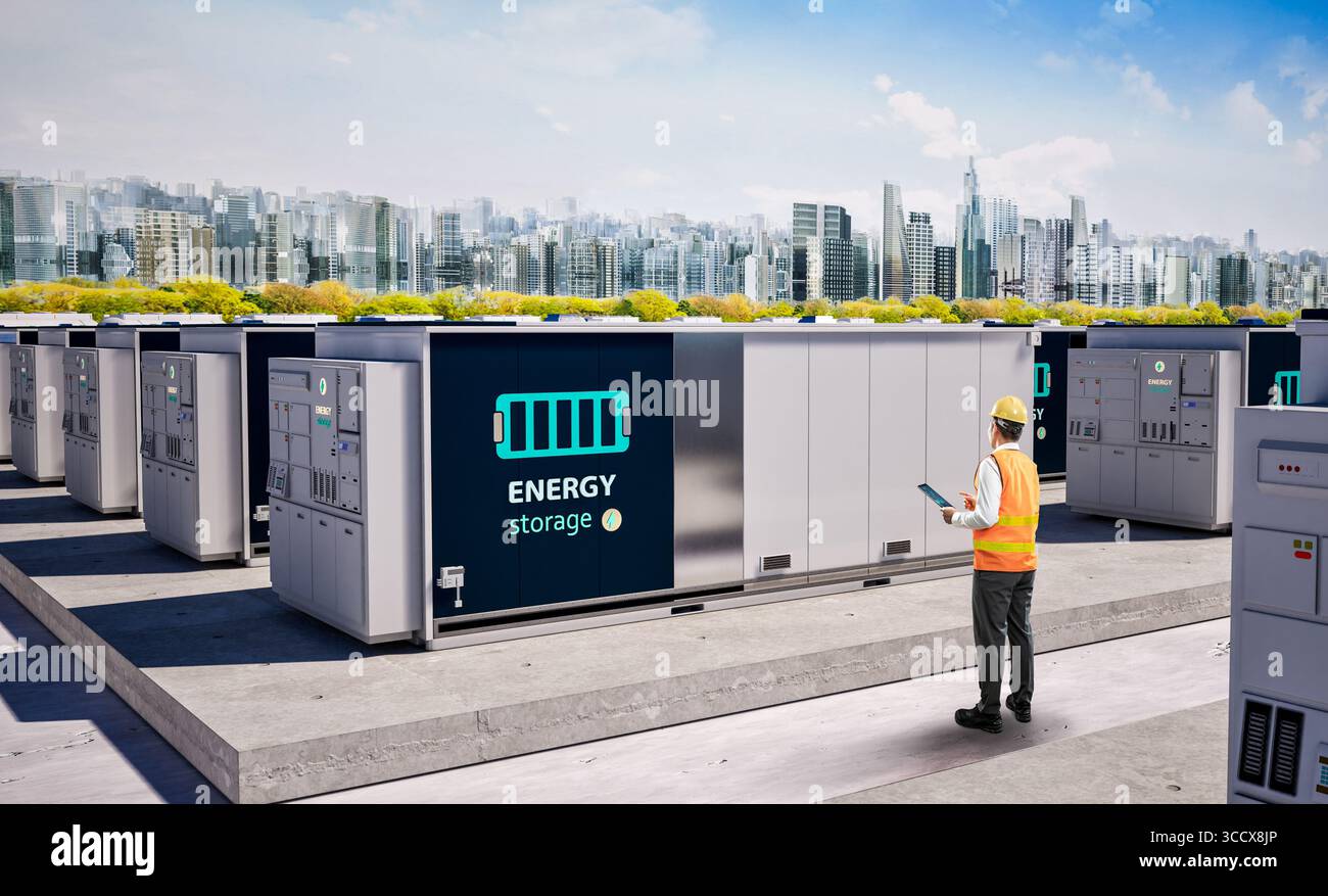 Sistema di immagazzinamento dell'energia di controllo tecnico o unità contenitore della batteria per la soluzione della città Foto Stock