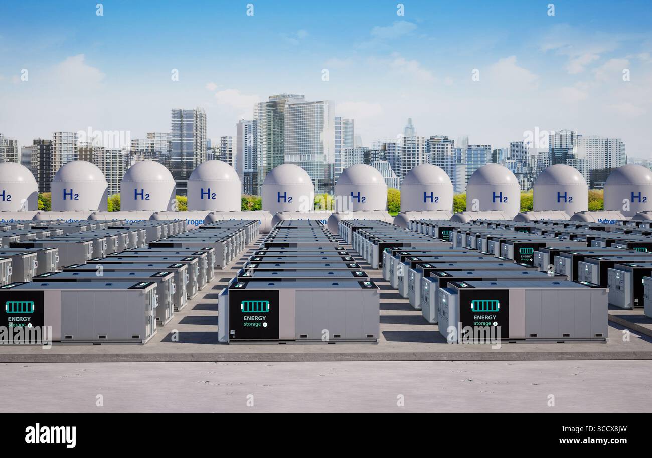 sistema di immagazzinamento dell'energia di rendering 3d o unità contenitore batteria con serbatoi di idrogeno per città intelligenti Foto Stock