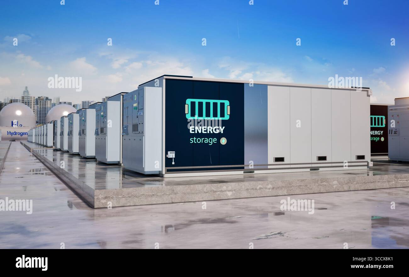 sistema di immagazzinamento dell'energia di rendering 3d o unità contenitore batteria con serbatoi di idrogeno per città intelligenti Foto Stock