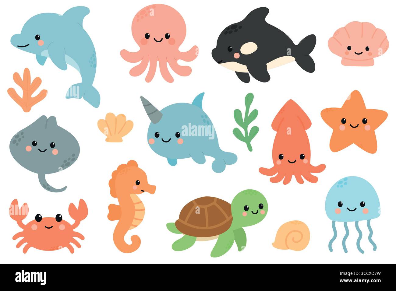 Una collezione di animali marini carini, tra cui delfino, polpo, narwhal, granchio, cavalluccio marino, tartaruga, meduse e stelle marine, il tutto in colori vivaci. Illustrazione Vettoriale