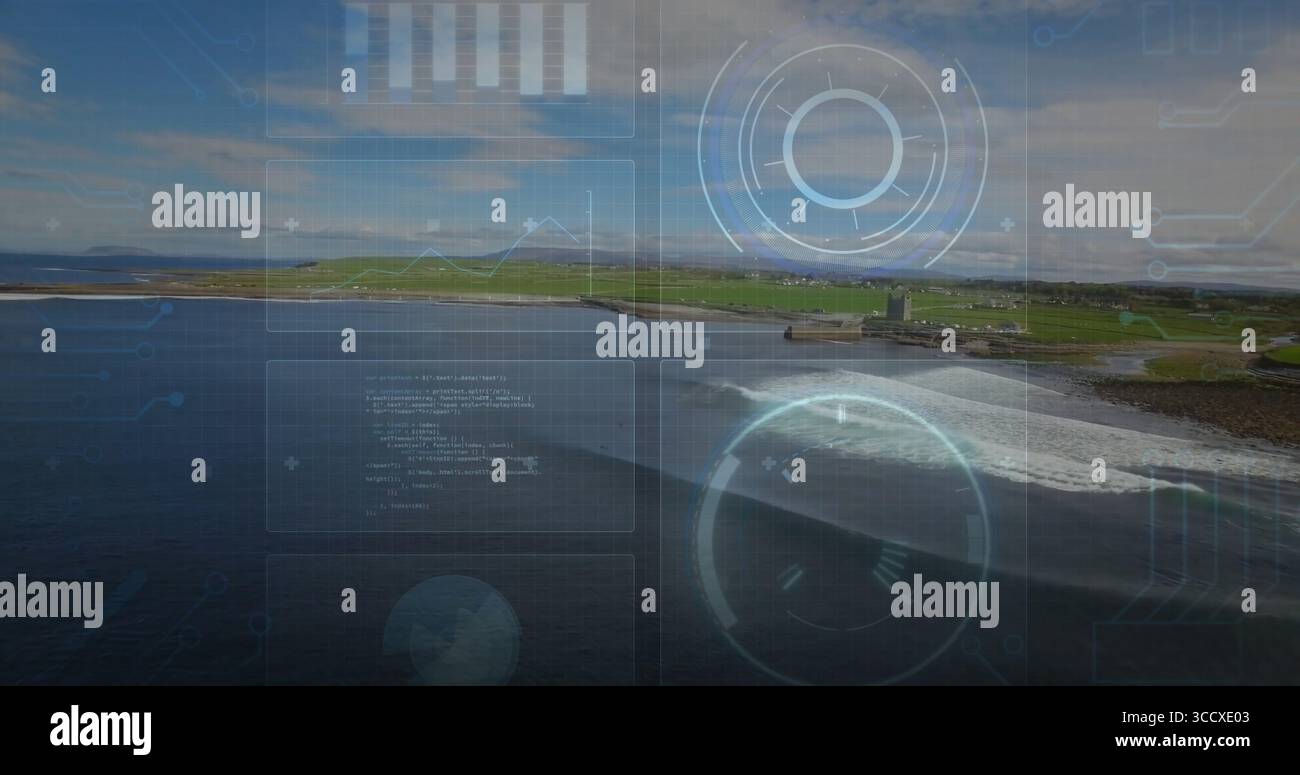 Visualizzazione dell'interfaccia digitale sovrapposta sulla costa, con futuristici elementi HUD Foto Stock