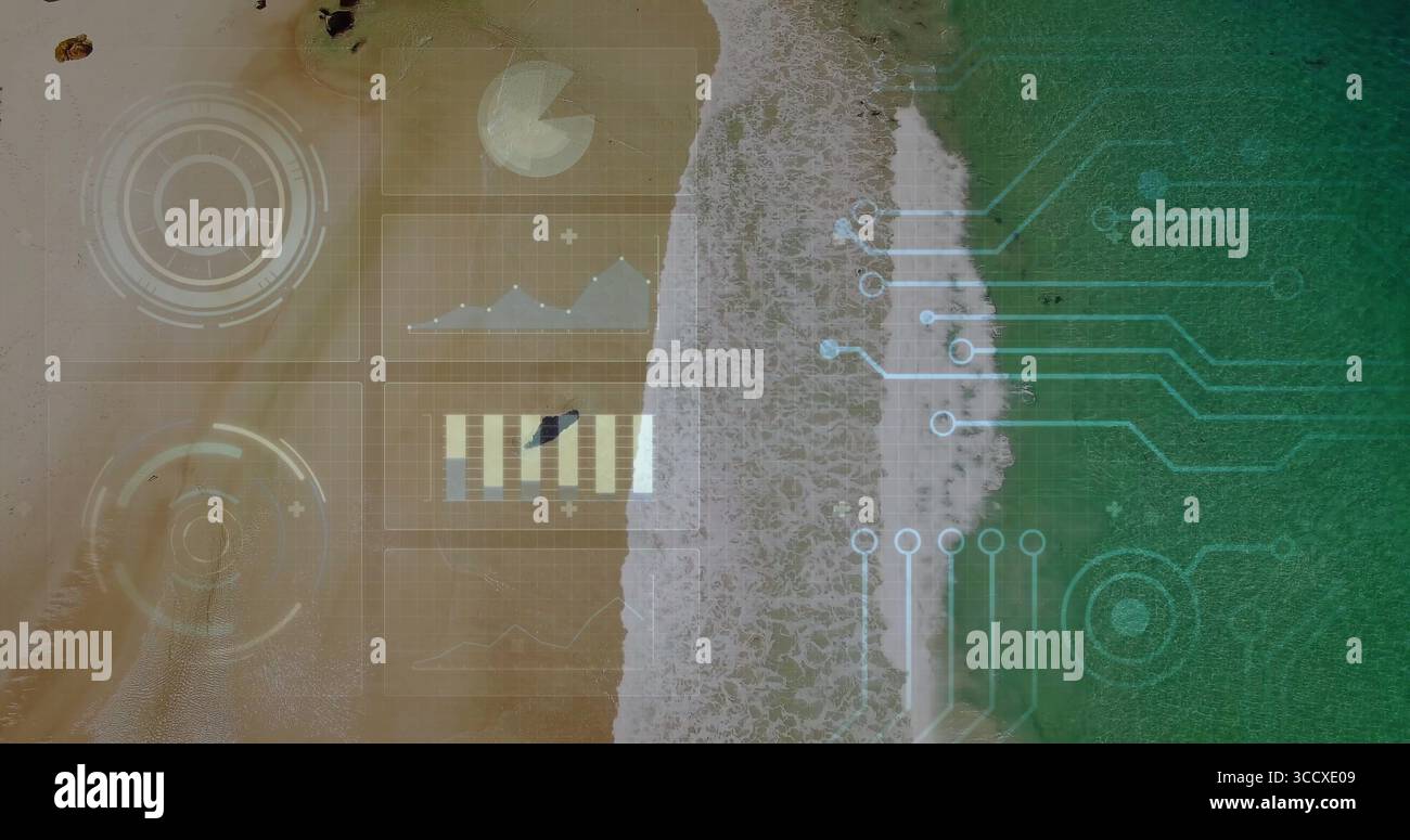 Mostra l'Unione della linea costiera con sovrapposizioni digitali della griglia sulla spiaggia, con grafico a torta HUD, grafica dei circuiti Foto Stock