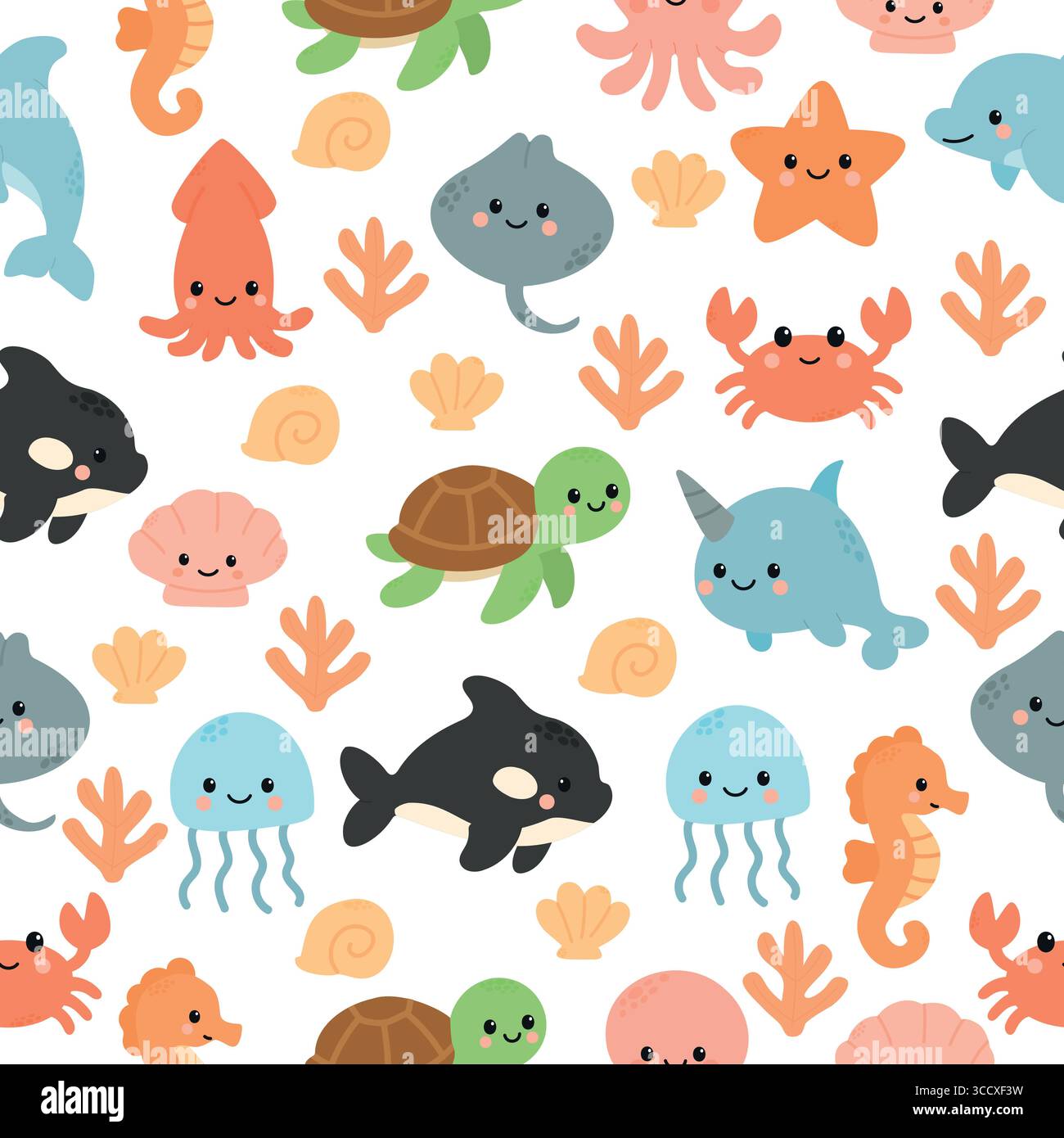 Un motivo colorato con simpatici animali marini, tra cui delfini, tartarughe, meduse, polpi e stelle marine, circondato da coralli e conchiglie. Illustrazione Vettoriale