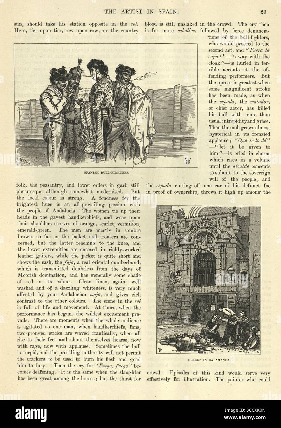 Artista in Spagna, Bull Fighters, Street in Salamanca, spagnolo, illustrazione d'epoca del XIX secolo, anni '1880 Foto Stock