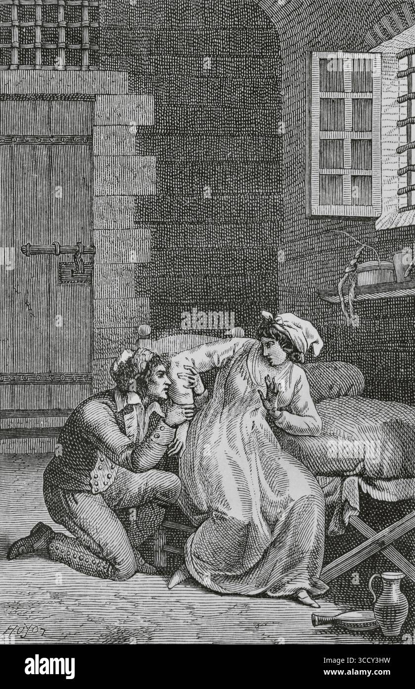 Francia. "La Pauvre rentière", di Henri Lemaire, 1799. Eh! vous êtes encore teint du sang de ma mère!" (Ehi! sei ancora tinto con il sangue di mia madre!). Incisione di Huyot su un'illustrazione di Nicolas-André Monsiau (1754-1837), incisa da Pierre-Charles Baquoy (1759-1829). Directoire, Consolato et Empire. Moeurs et usages, lettres, Sciences et Arts Francia, 1795-1815” (Direttorio, Consolato e Impero di Francia. Costumi e tradizioni, lettere, scienze e arti Francia, 1795-1815), di Paul Lacroix. Pubblicato a Parigi, 1884. Foto Stock