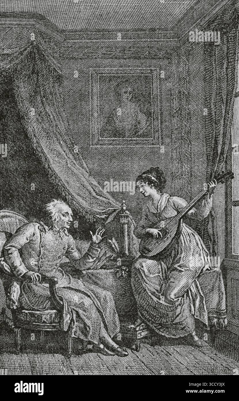 "La Pitié", poema in quattro canti del poeta francese Jacques Delille (1738-1813) scritto nel 1803. Delille critica gli eccessi della rivoluzione francese ed esprime compassione per i coloni, affrontando la schiavitù nelle colonie. Donna che gioca al mandolino per un vecchio. Disegno di Monsiau. Incisione di Anselin. Directoire, Consolato et Empire. Moeurs et usages, lettres, Sciences et Arts Francia, 1795-1815” (Direttorio, Consolato e Impero di Francia. Costumi e tradizioni, lettere, scienze e arti Francia, 1795-1815), di Paul Lacroix. Pubblicato a Parigi, 1884. Foto Stock
