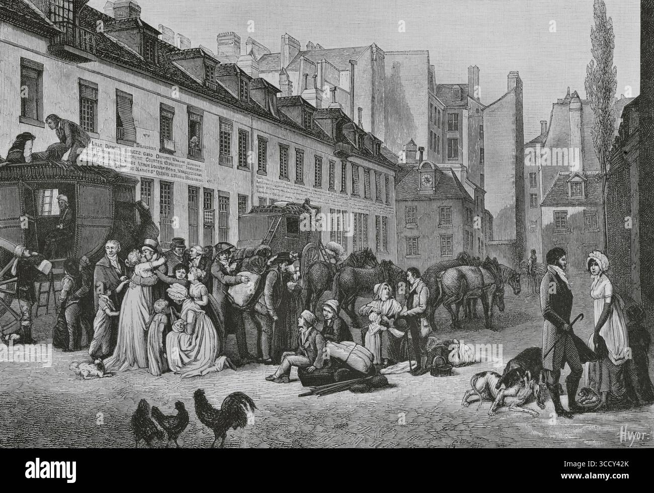 Parigi, Francia. "Messageries nationales". Società francese di diligenze fondata nel 1798. Per lungo tempo ha fornito servizi di trasporto postale e passeggeri. Arrivo di una diligenza nella Cour des Messageries, rue Notre-Dame-des-Victoires. Incisione di Huyot basata sul dipinto realizzato nel 1803 da Louis-Léopold Boilly (1761-1845). Directoire, Consolato et Empire. Moeurs et usages, lettres, Sciences et Arts Francia, 1795-1815” (Direttorio, Consolato e Impero di Francia. Costumi e tradizioni, lettere, scienze e arti Francia, 1795-1815), di Paul Lacroix. Pubblicato a Parigi, 1884. Foto Stock