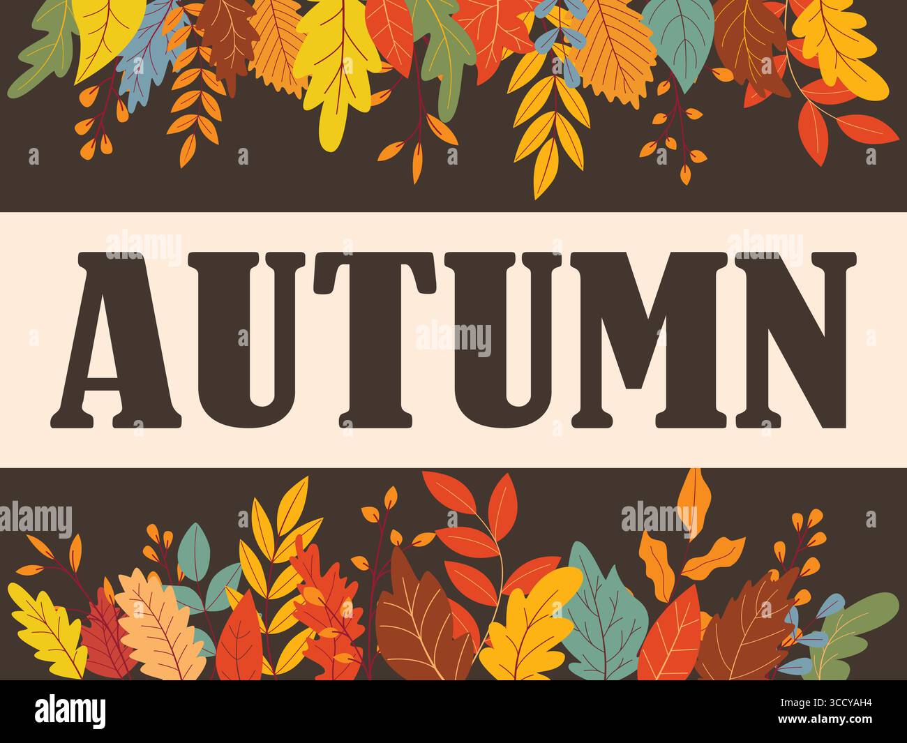 Striscione autunnale con foglie colorate e parola autunnale. Modello autunnale. Sfondo scuro con fogliame colorato e grafica vettoriale Illustrazione Vettoriale