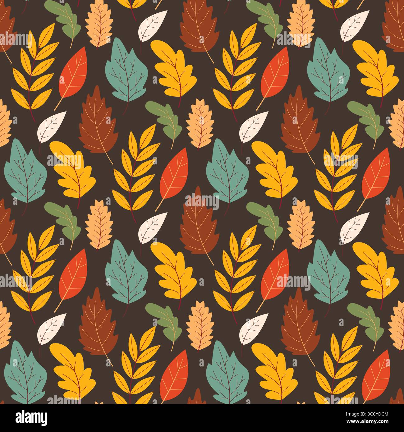 Foresta autunnale senza cuciture. Fogliame colorato di alberi diversi su sfondo scuro. Stampa autunnale per tessuti, tessuti, imballaggi, design, Illustrazione Vettoriale