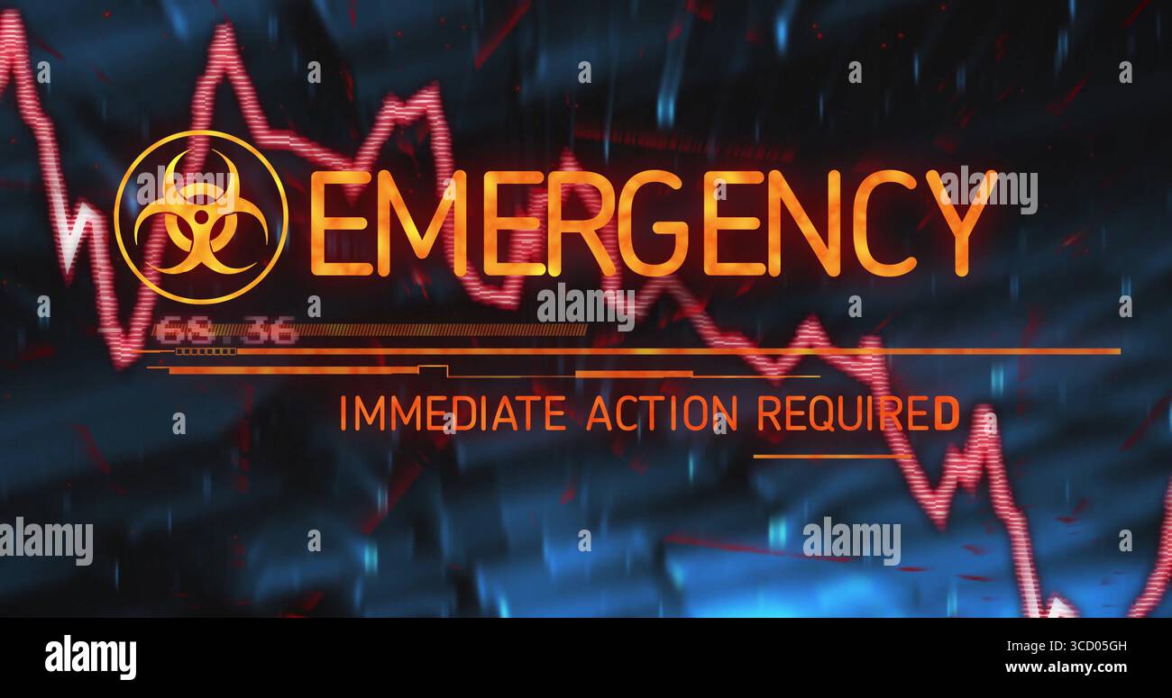 Visualizzazione dell'avviso con simbolo di rischio biologico e forma d'onda EKG rossa sul display del PC con avviso DI EMERGENZA Foto Stock