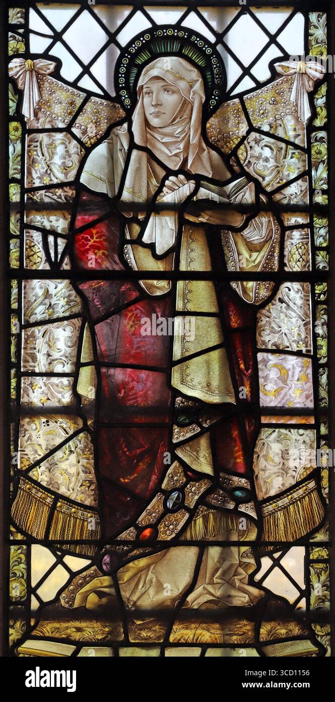 Vetrate colorate di Percy Bacon & Brothers raffiguranti Sarah, moglie di Abraham, St Andrew's Church, Hornchurch, Londra Foto Stock