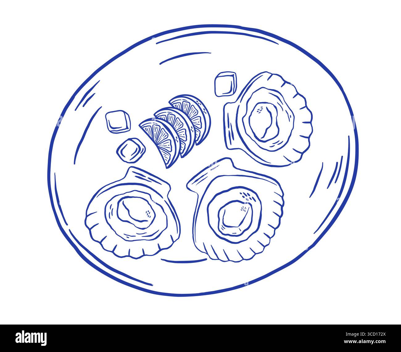 Disegnare a mano capesante, ostriche sul piatto con l'illustrazione del vettore del limone. Icona del pesce mediterraneo. La dolce vita. Mercato alimentare asiatico Illustrazione Vettoriale