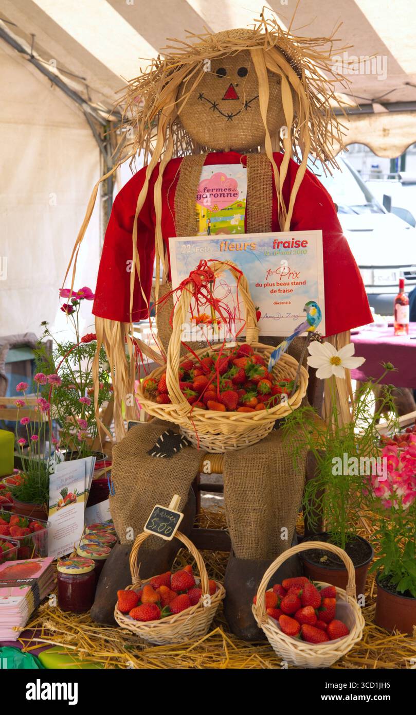 Strawberry Scarecrow mercato francese locale Nr Bergerac Francia Foto Stock