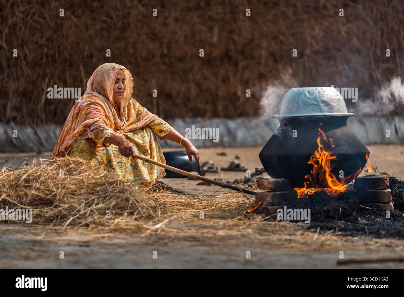 Bogura, Bangladesh - 09 febbraio 2023: Vista di una donna che tende a un fuoco pentola da cucina, vapore che si innalza sullo sfondo di fieno baciati dal sole. Foto Stock