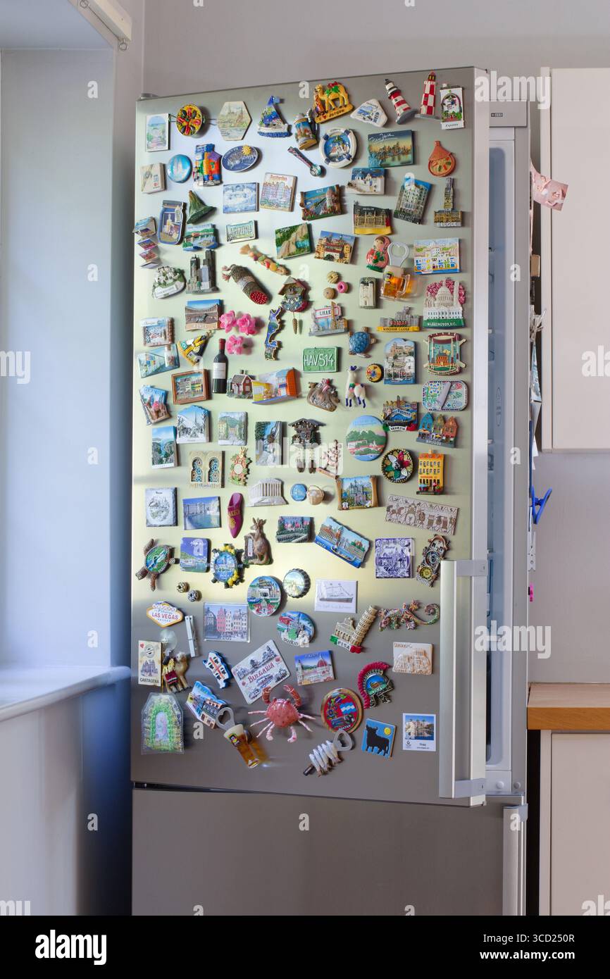 Magneti da tutto il mondo esposti su una porta di metallo del frigorifero. Una collezione di cimeli dei luoghi visitati in passato. Foto Stock