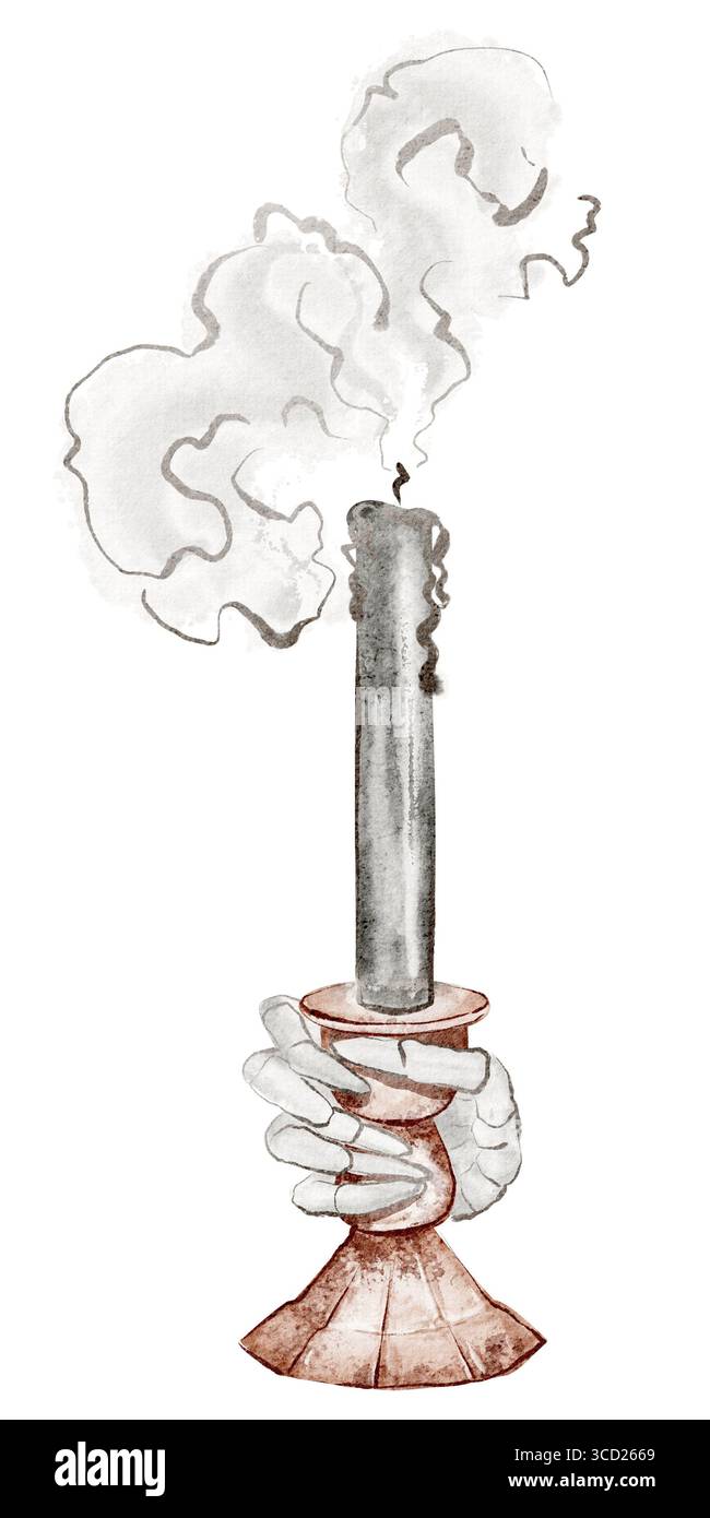 Illustrazione ad acquerello di una candela in fiamme in un candelabro di ottone tenuto da una mano scheletrica. Foto Stock