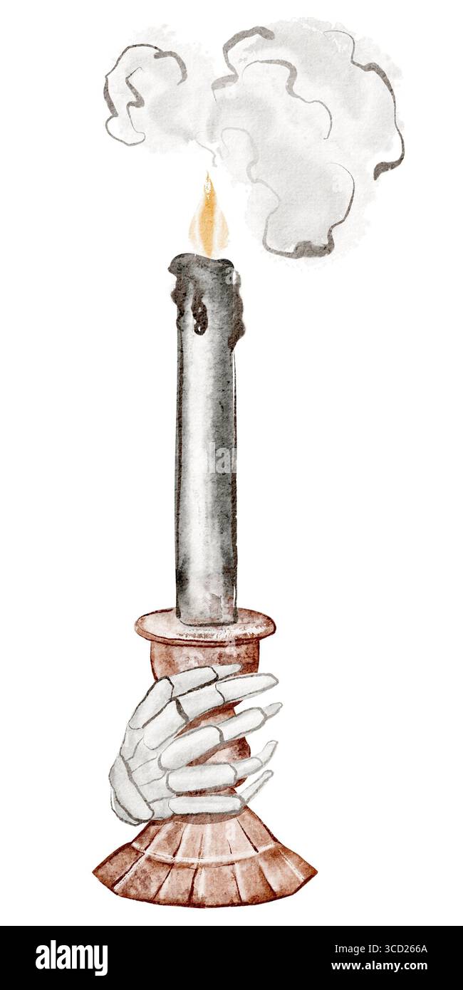 Candela di Halloween in bastoncino d'ottone con mano ossea Foto Stock