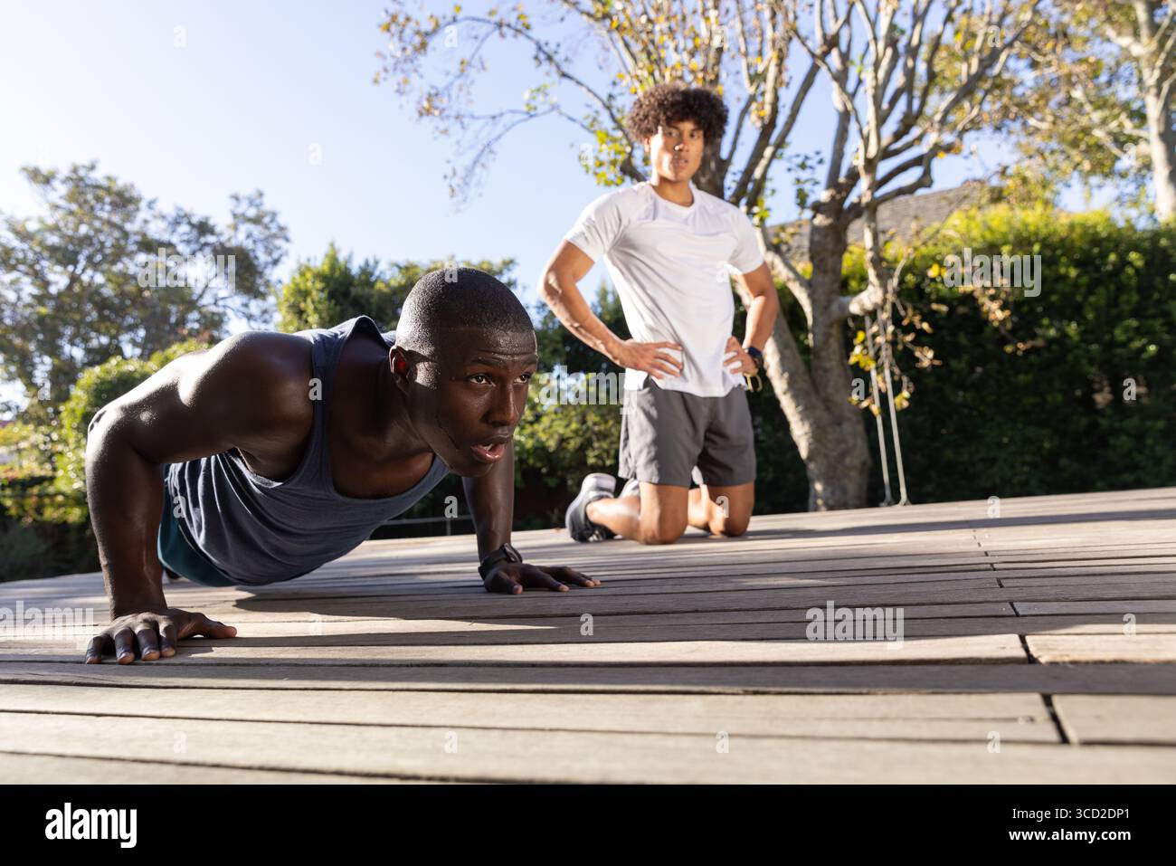 Diversi partner di fitness maschile che fanno push-up sul ponte di legno con partner che guardano alla luce del sole Foto Stock