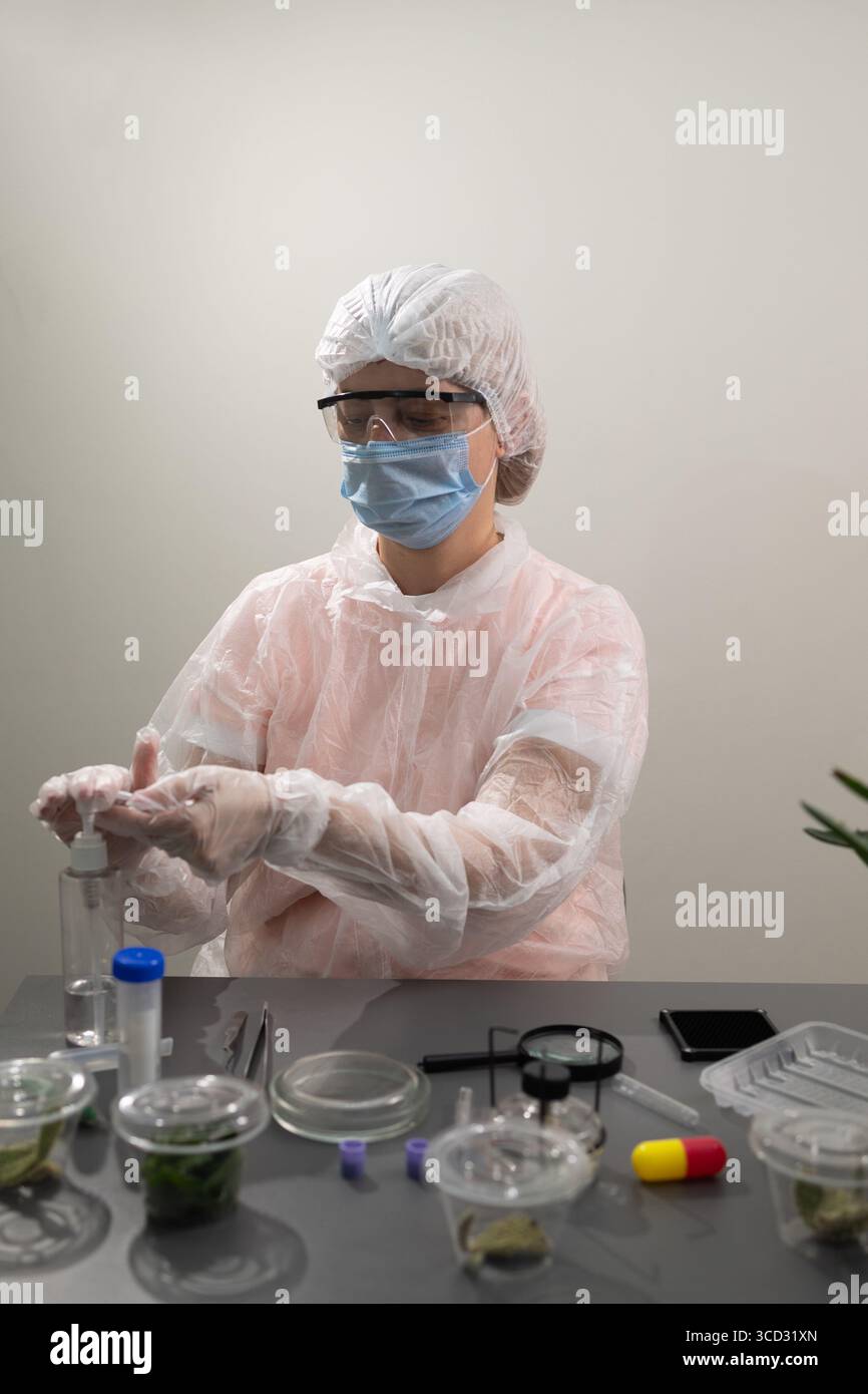 Uno scienziato vestito di equipaggiamento protettivo sta conducendo ricerche sulle piante di aloe in un ambiente di laboratorio. Sull'area di lavoro vengono collocati vari contenitori e attrezzature, che mostrano studi in corso. Foto Stock