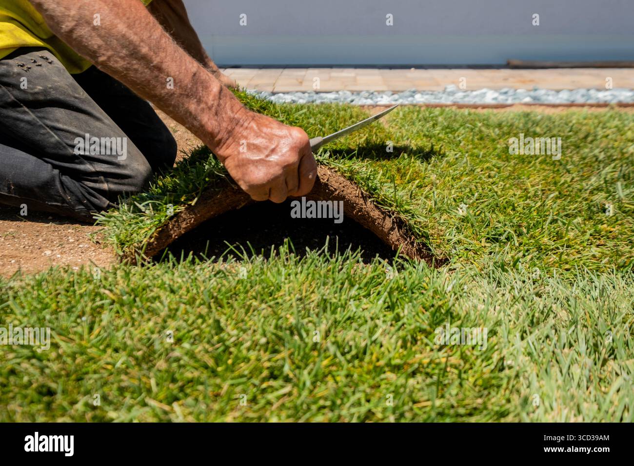 Primo piano di un giardiniere che installa un rotolo di bicchierino su terreno fresco. Ideale per i temi della progettazione paesaggistica, del lavoro all'aperto, del giardinaggio, del lavoro manuale e della sostenibilità Foto Stock