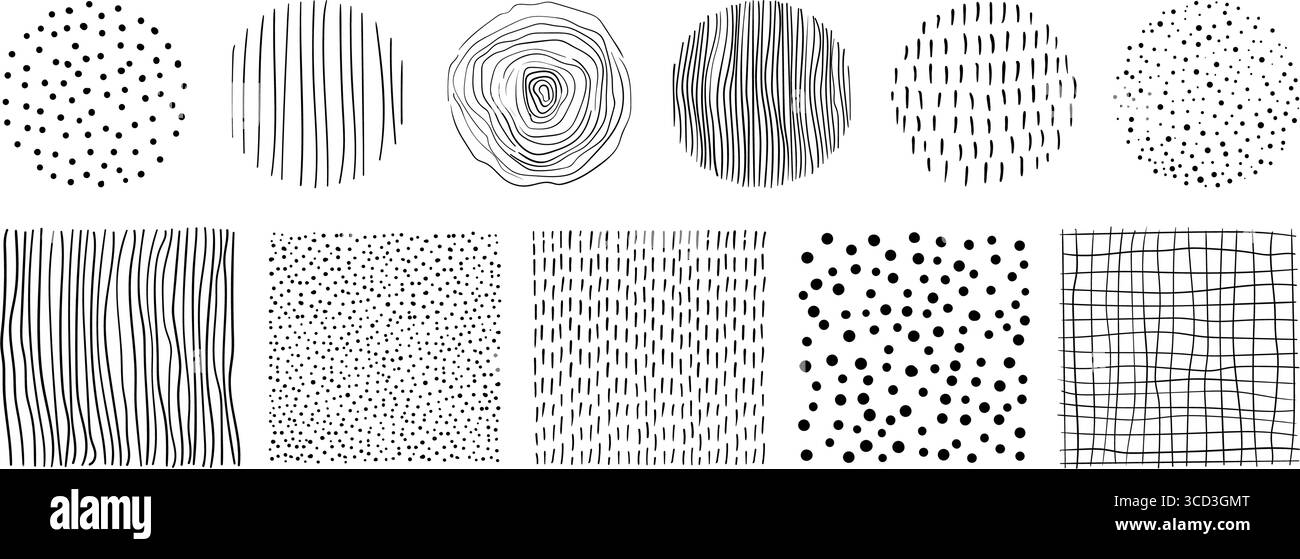 Set di vettori di trame disegnate a mano. Elementi di progettazione astratti di forma quadrata e circolare organica dello schizzo Illustrazione Vettoriale
