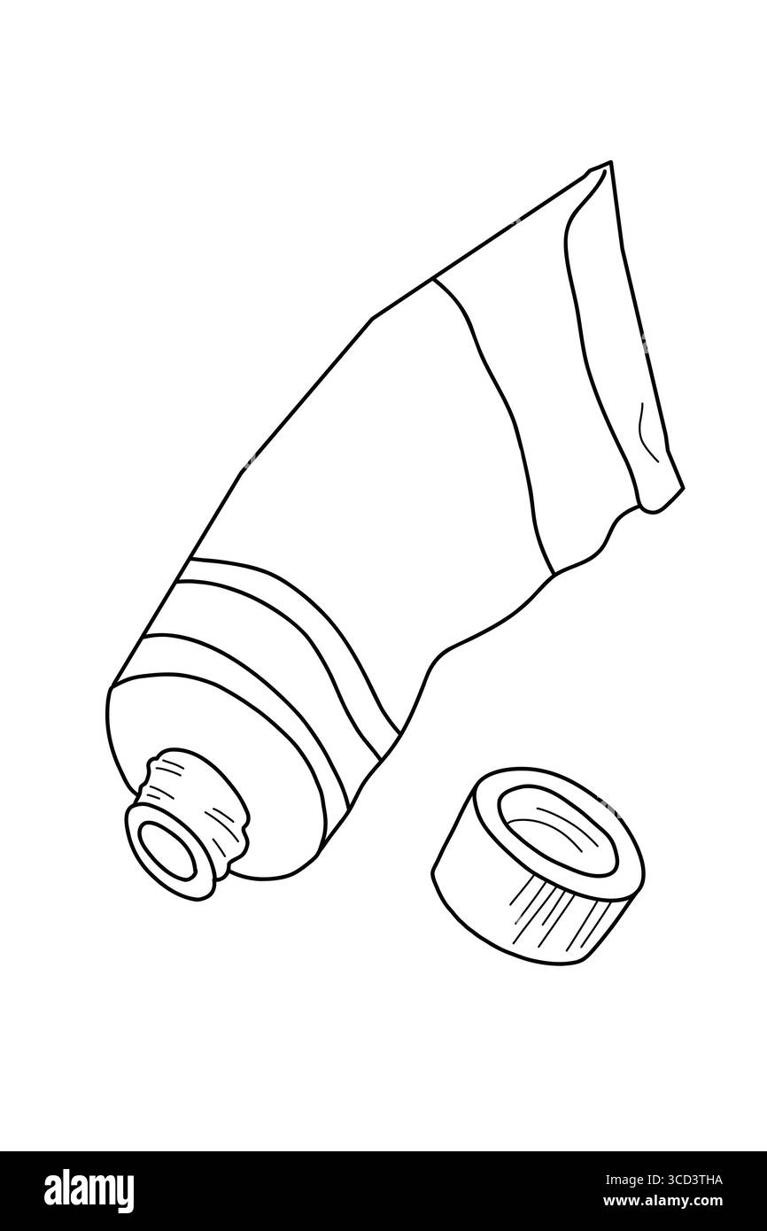 Illustrazione vettoriale di un tubo di vernice aperto con tappo. Disegni artistici in bianco e nero disegnati a mano per la pittura, la creatività e progetti artistici Illustrazione Vettoriale