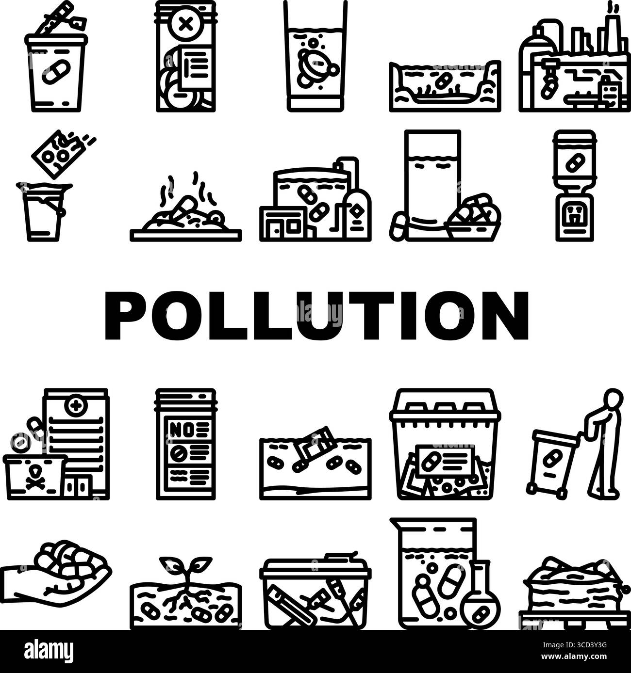 le icone dell'ecosistema dell'inquinamento farmaceutico impostano il vettore Illustrazione Vettoriale