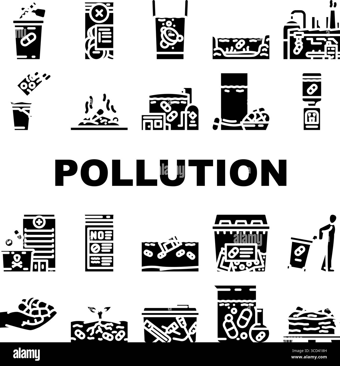 le icone dell'ecosistema dell'inquinamento farmaceutico impostano il vettore Illustrazione Vettoriale