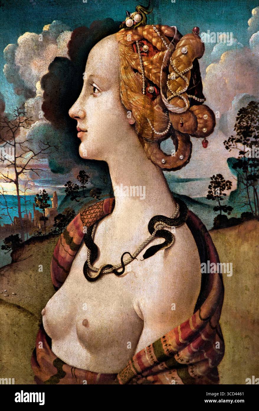 Piero di Cosimo 1462–1521 Ritratto Simonetta Vespucci 1480-1490 Italia Museo Italiano Chantilly , Francia , francese ( Ritratto di Simonetta Vespucci è un dipinto ad olio su tela del pittore rinascimentale italiano Piero di Cosimo ) Simonetta Vespucci era una nobildonna genovese che sposò Marco Vespucci di Firenze all'età di 15 o 16 anni, e che era rinomata per essere la più grande bellezza della sua età - certamente della città di Firenze Foto Stock