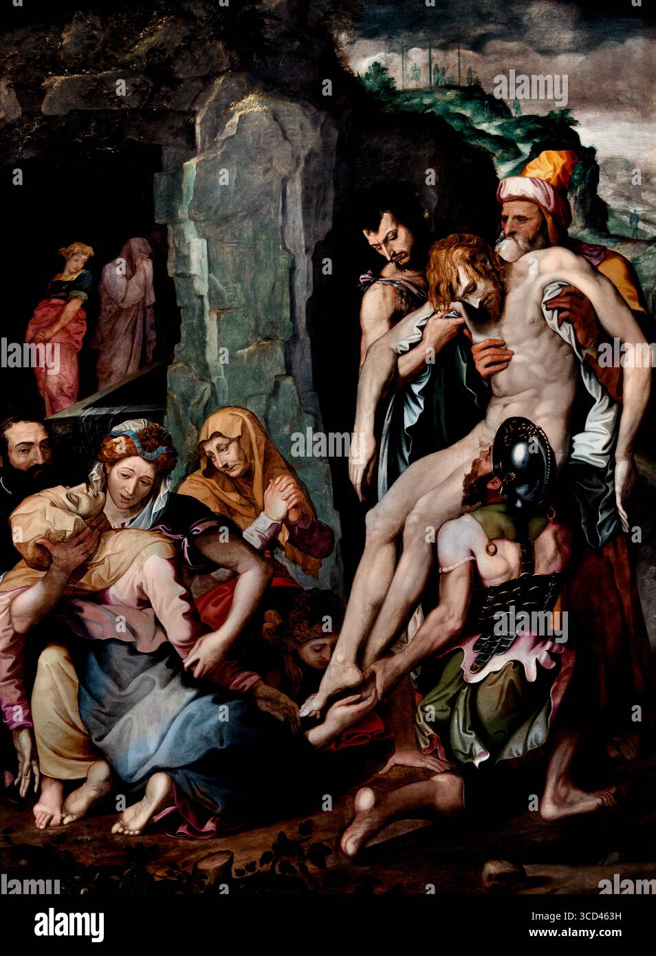 La deposizione di Cristo 1545-50 di Conte Jacopino del 1510-98 Italia Museo Italiano Louvre Francia. ("la deposizione di Cristo" si riferisce alla scena dell'arte cristiana che raffigura la sepoltura di Gesù dopo la sua crocifissione. È un soggetto popolare nella pittura, nella scultura e in altre forme d'arte, spesso mostra il corpo di Cristo trasportato in una tomba, circondato da figure in lutto. ) Foto Stock
