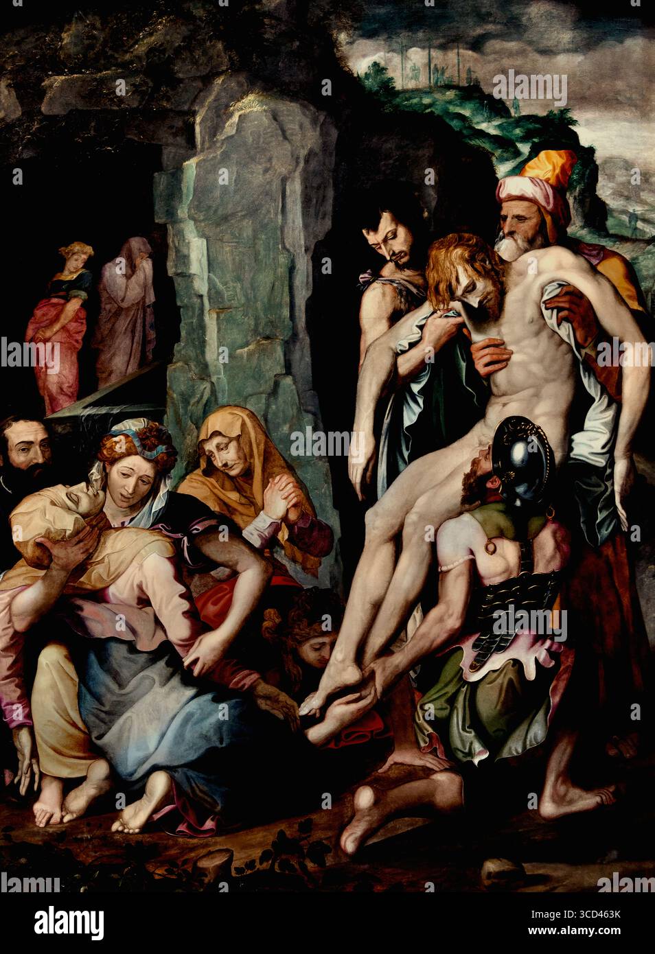 La deposizione di Cristo 1545-50 di Conte Jacopino del 1510-98 Italia Museo Italiano Louvre Francia. ("la deposizione di Cristo" si riferisce alla scena dell'arte cristiana che raffigura la sepoltura di Gesù dopo la sua crocifissione. È un soggetto popolare nella pittura, nella scultura e in altre forme d'arte, spesso mostra il corpo di Cristo trasportato in una tomba, circondato da figure in lutto. ) Foto Stock