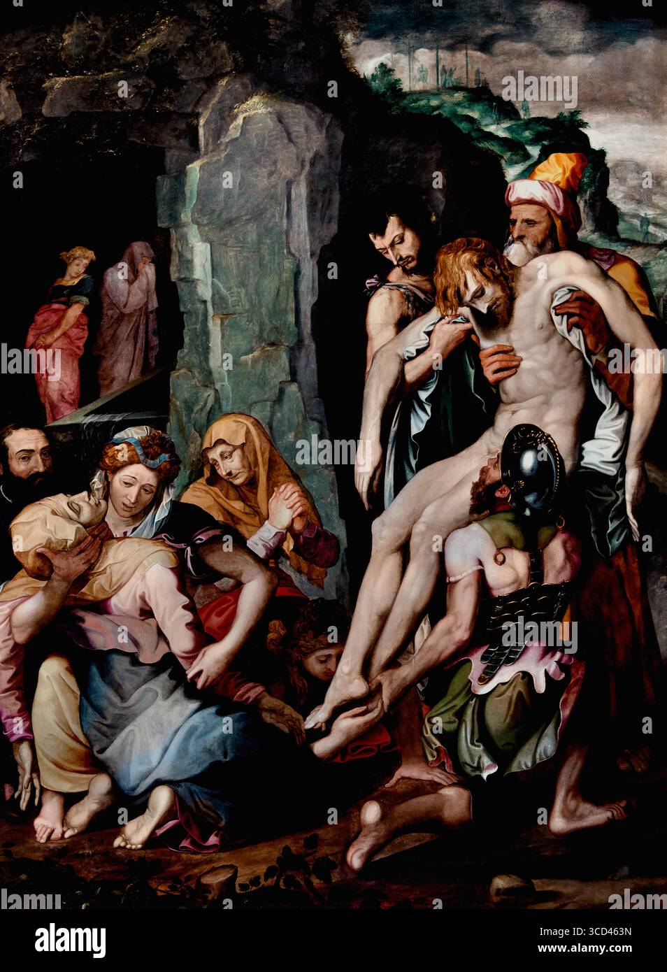La deposizione di Cristo 1545-50 di Conte Jacopino del 1510-98 Italia Museo Italiano Louvre Francia. ("la deposizione di Cristo" si riferisce alla scena dell'arte cristiana che raffigura la sepoltura di Gesù dopo la sua crocifissione. È un soggetto popolare nella pittura, nella scultura e in altre forme d'arte, spesso mostra il corpo di Cristo trasportato in una tomba, circondato da figure in lutto. ) Foto Stock