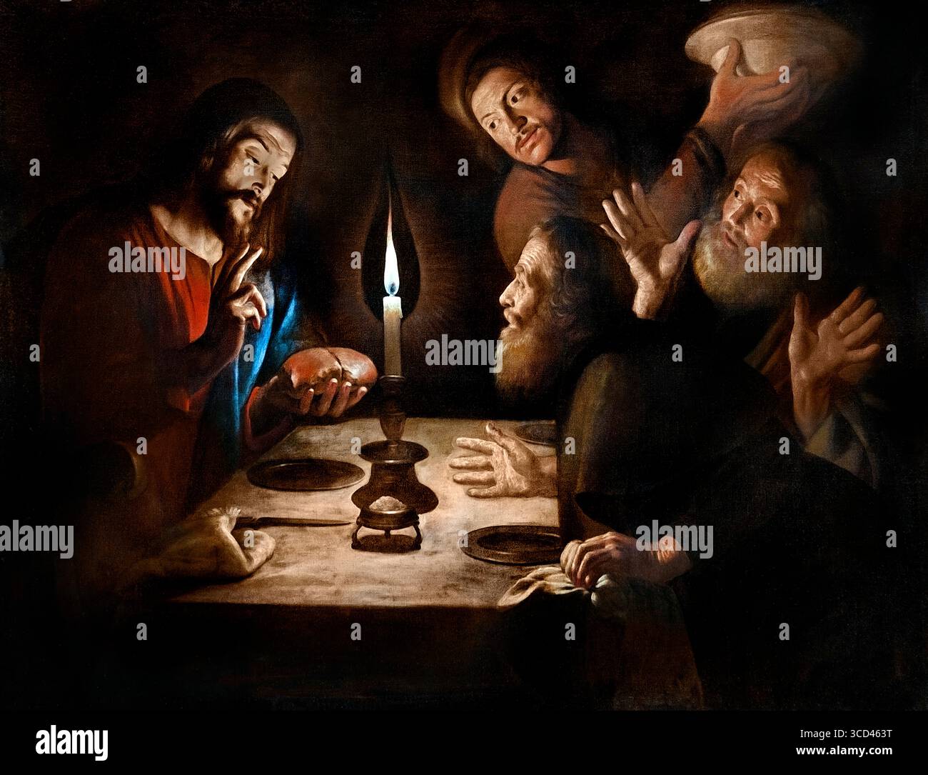 La cena a Emmaus di Bigot Trophime 1595-1650 Museo francese del Louvre ("cena a Emmaus" si riferisce a una scena specifica della Bibbia, in particolare raffigurata nel dipinto di Caravaggio, che ritrae il momento in cui Gesù si rivela a due dei suoi discepoli dopo la sua risurrezione. La scena, come descritto nel Vangelo di Luca, si svolge durante un pasto a Emmaus, dove i discepoli inizialmente non riconoscono il loro compagno di viaggio come Gesù fino a quando non benedice e rompe il pane. Foto Stock