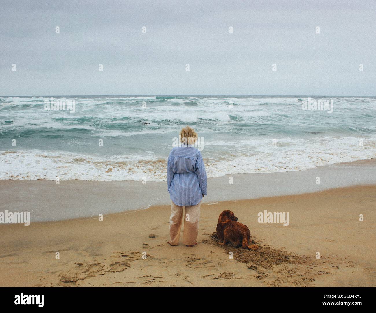 Donna con un cane sull'oceano Foto Stock