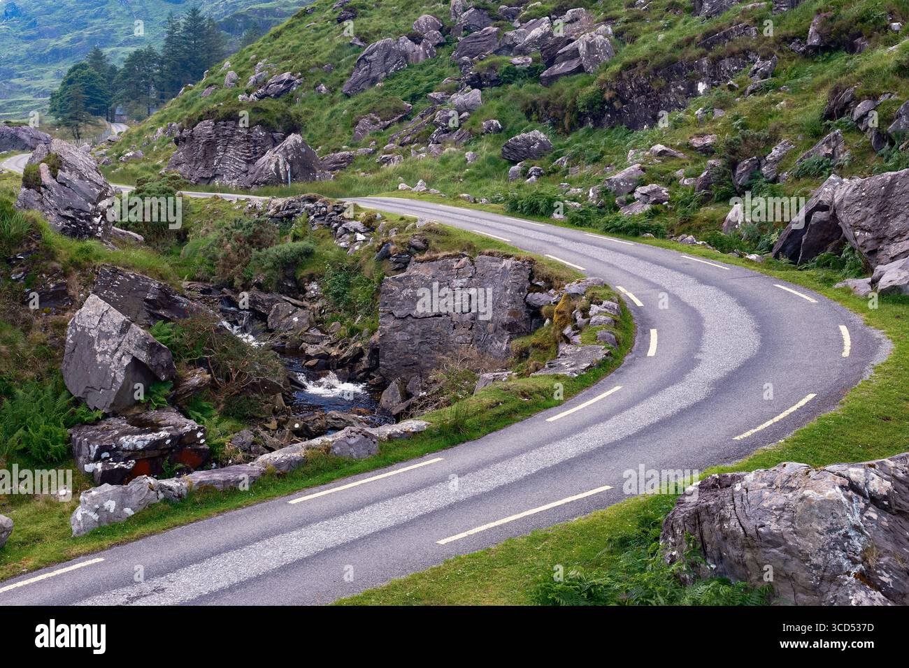 Una strada asfaltata si snoda attraverso un rigoglioso passo di montagna roccioso. Un piccolo torrente scorre lungo la strada nel Gap of Dunloe nella contea di Kerry, Irlanda. Foto Stock
