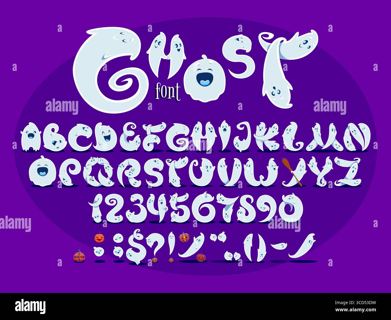 Font fantasmi di Halloween, spaventoso carattere mostro spaventoso, cartoni animati malvagi, divertente alfabeto inglese festivo. Lettere vettoriali, numeri e segni giocosi a forma di buffi spettri che catturano l'umore delle feste Illustrazione Vettoriale