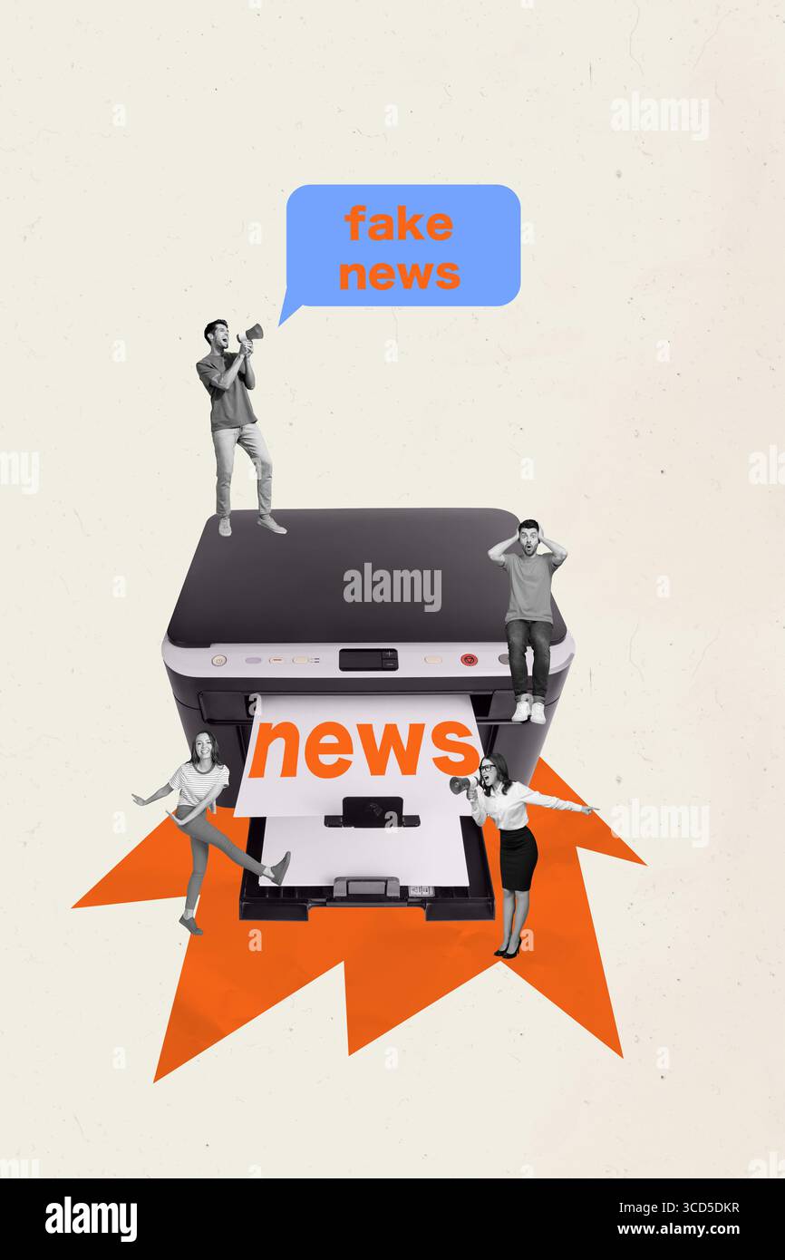 Modello di tendenza del collage fotografico 3D composito di giovane uomo signora stand stampante parlare notizie megafono notizie false narrazione pubblicità di propaganda Foto Stock