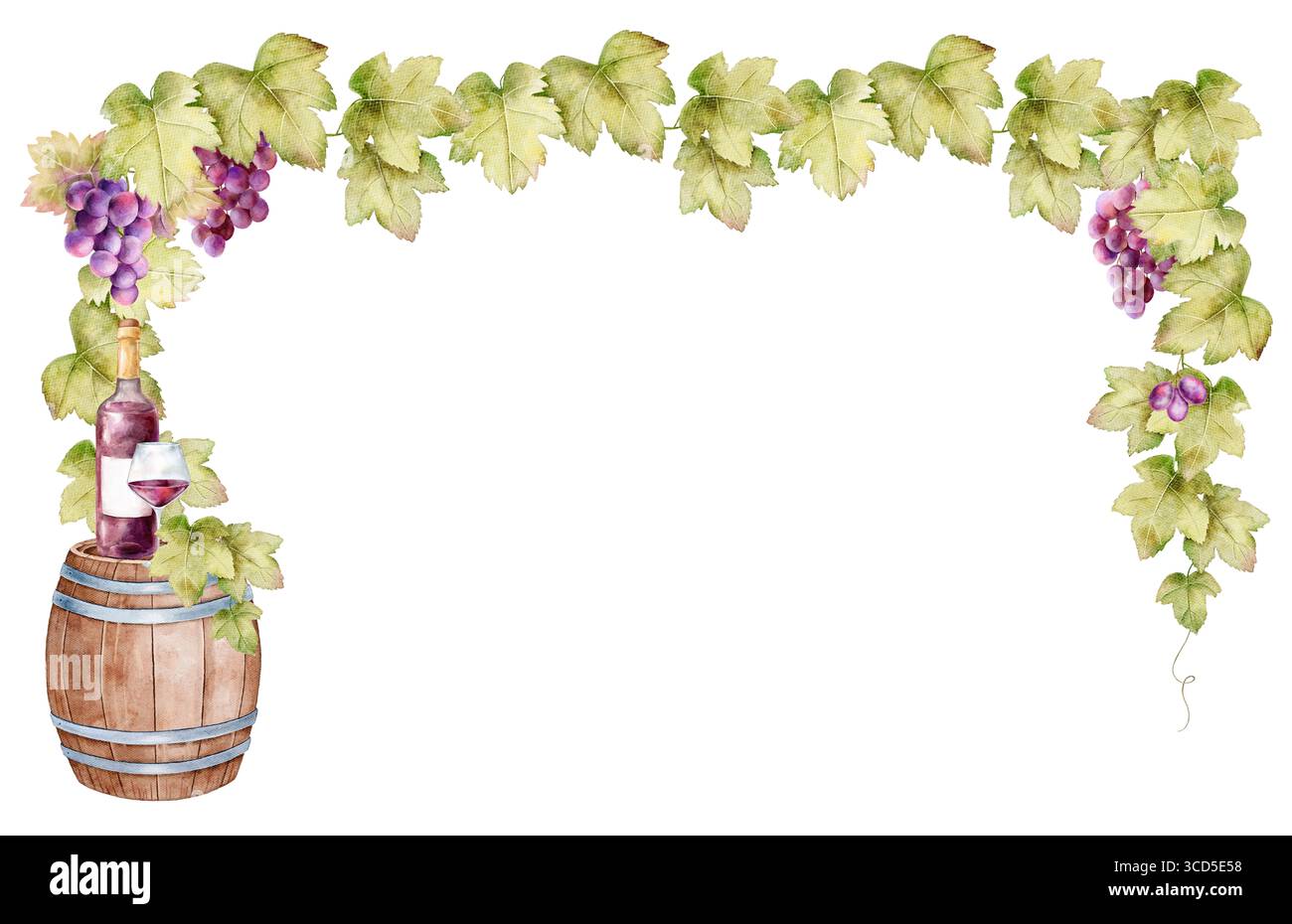 Cornice rettangolare superiore ad acquerello con uva, foglie di vite e botte di vino su sfondo bianco. Ottimo per le voci rustiche del menu, i manifesti del festival del vino, Foto Stock