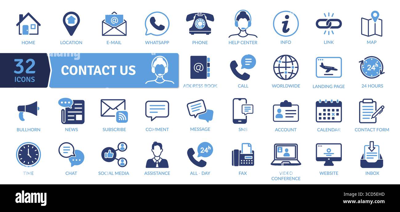 Icone Contattaci: Canali di comunicazione e supporto. Vari metodi per mettersi in contatto, tra cui telefono, e-mail, chat e social media Illustrazione Vettoriale