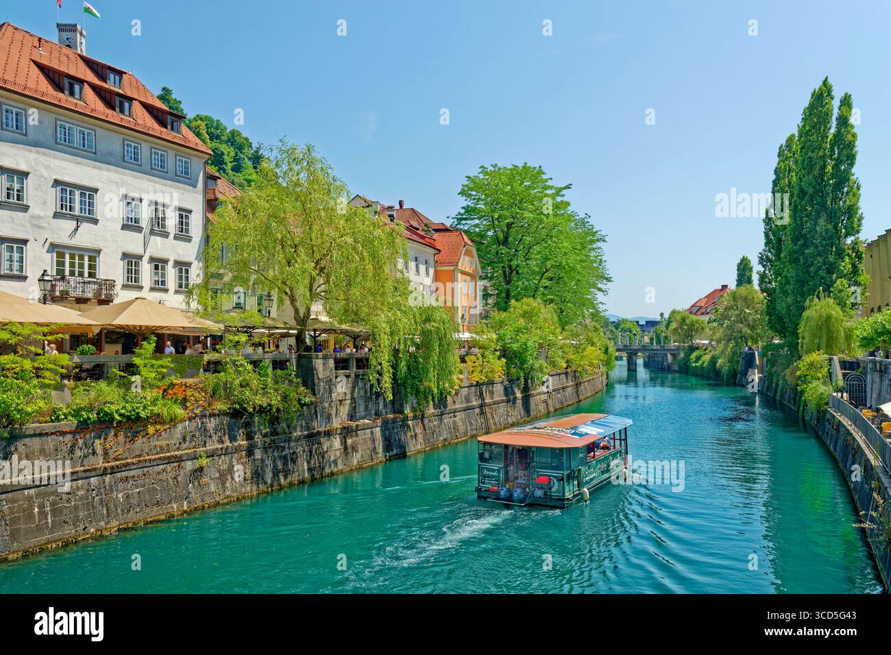 Il fiume Ljubljanica nel centro di Lubiana, la capitale dello stato della Slovenia nei Balcani settentrionali. Foto Stock