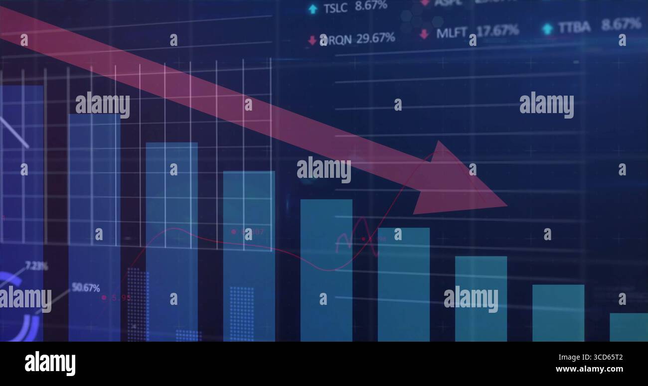 Visualizzazione di una freccia rossa inclinata verso il basso sulle barre blu nell'interfaccia di trading, con simboli di ticker Foto Stock