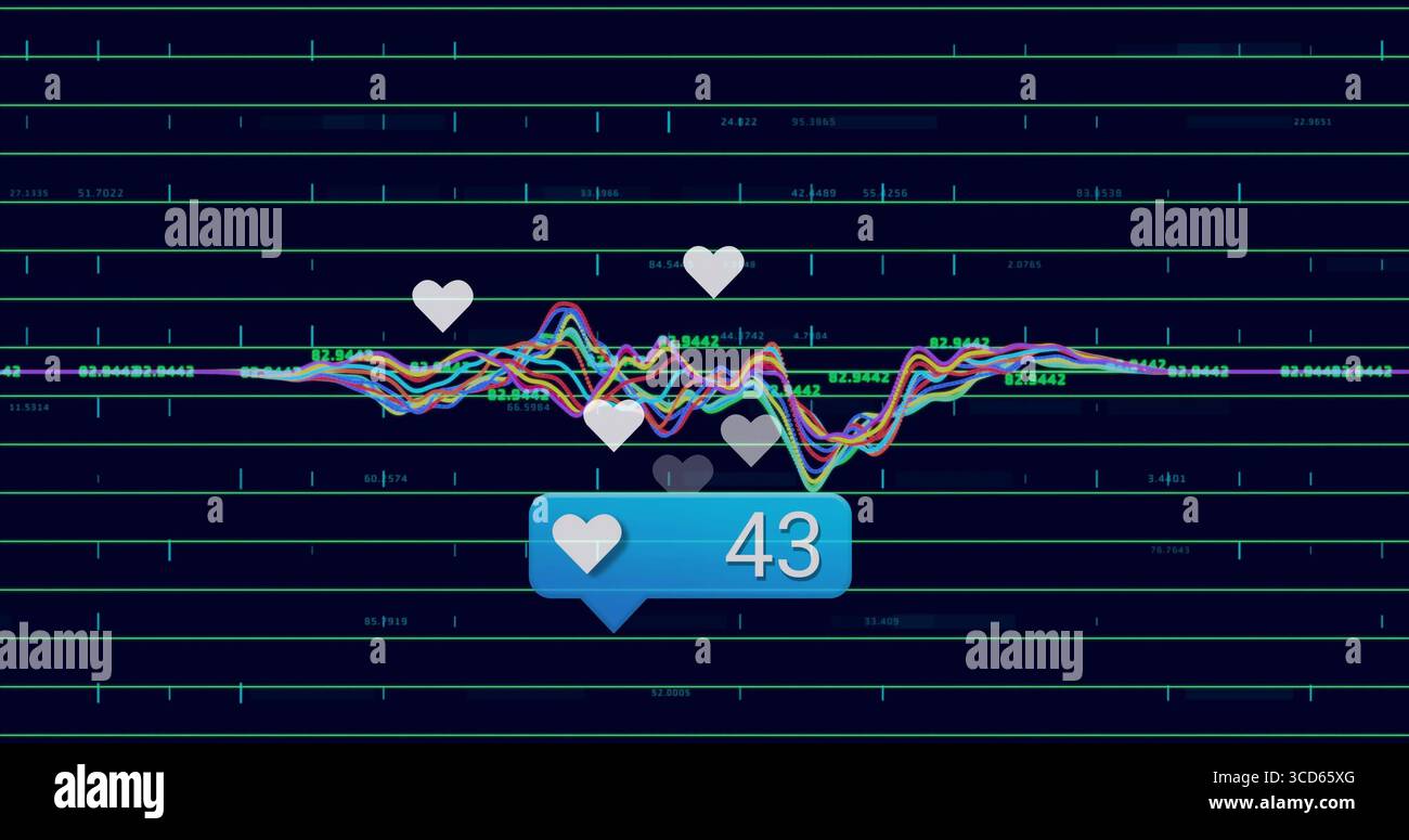 Bolla blu fluttuante che mostra il cuore bianco e 43 sul cruscotto, con linee griglia e forme d'onda Foto Stock
