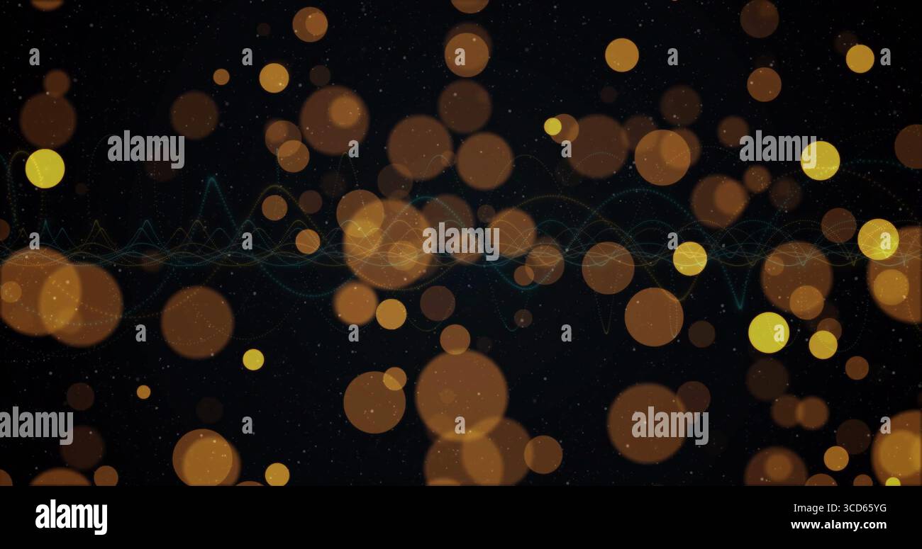 Visualizzazione della forma d'onda bokeh astratta su tela scura, con sfere dorate, linee color ottanio, macchie bianche Foto Stock