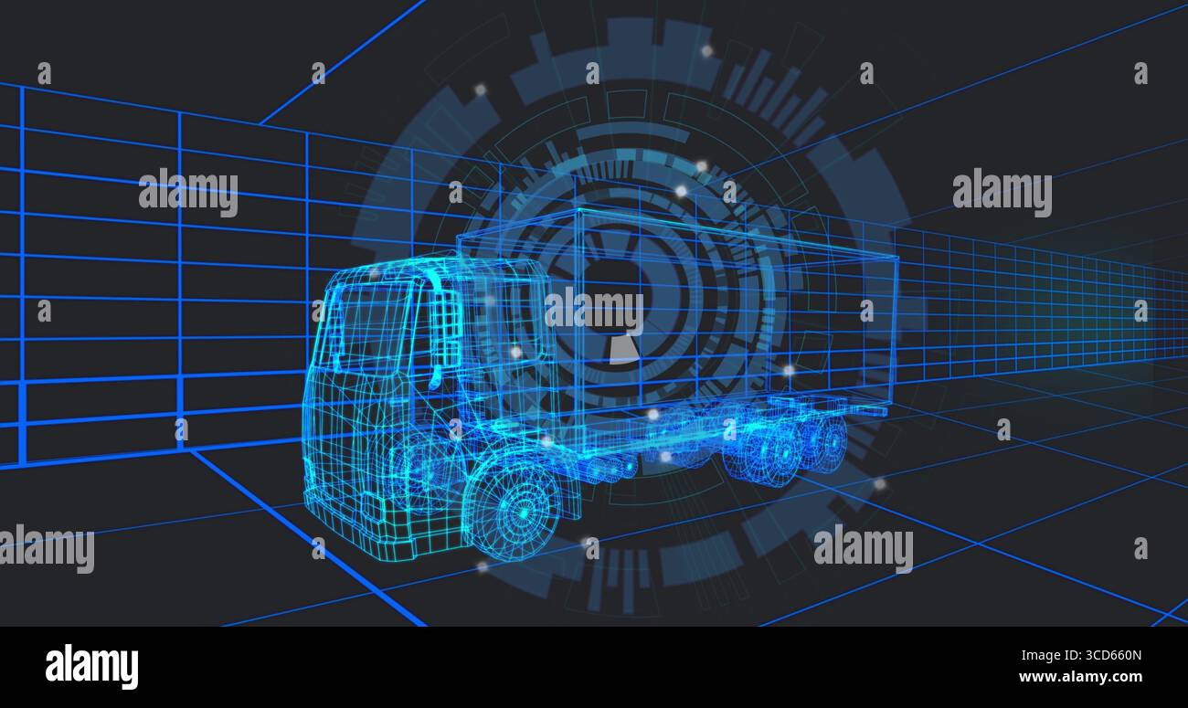 Mostra il modello di semi-carrello a reticolo che ruota all'interno della griglia 3D virtuale, con HUD digitale Foto Stock