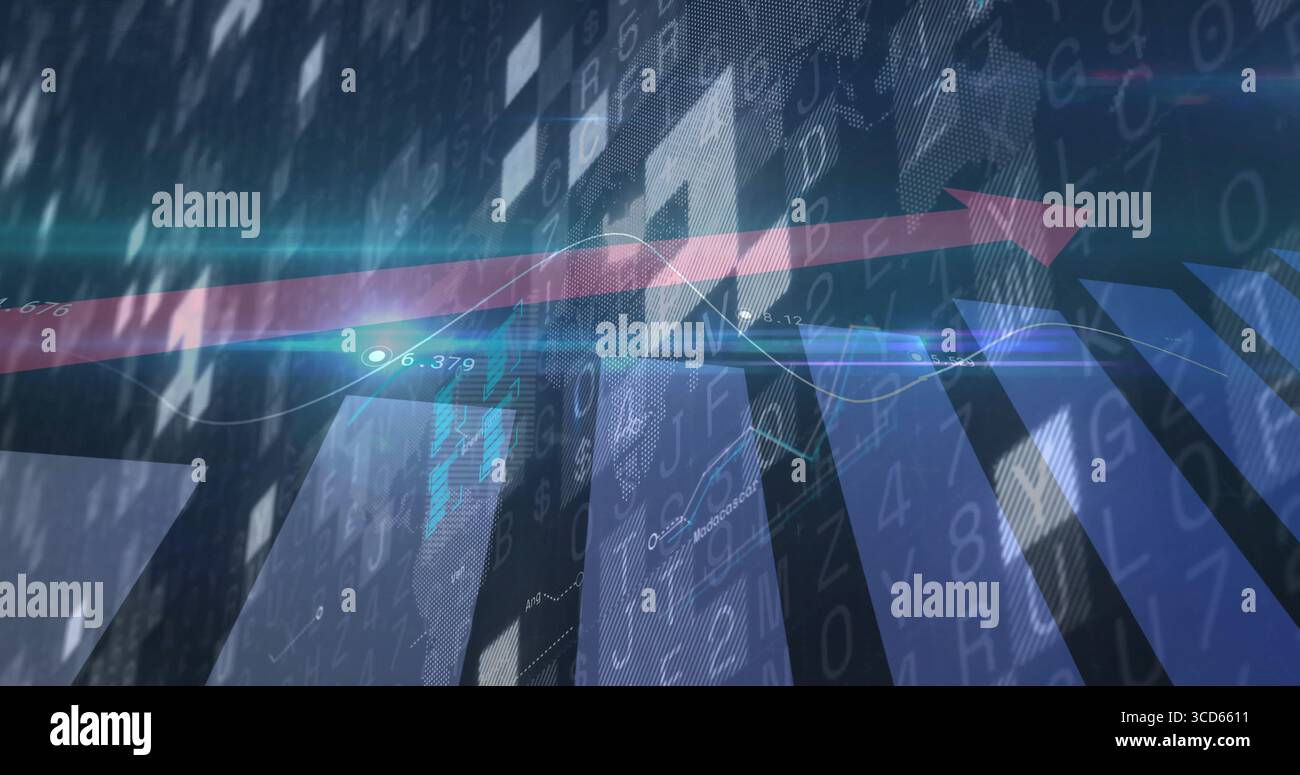 Flusso di frecce rosse verso l'alto su riquadri nel cruscotto, che visualizzano codici, svasature, grafici Foto Stock