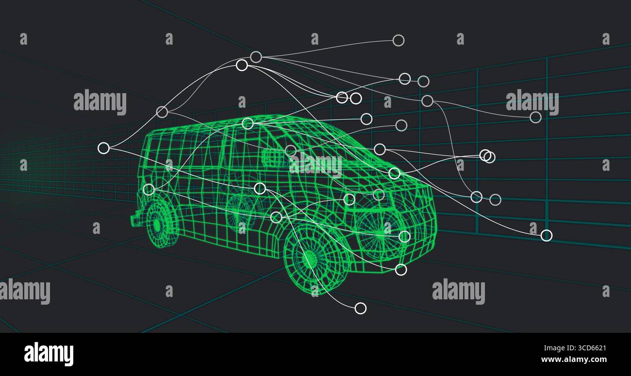 Modello di furgone con struttura a reticolo verde in una cornice a parete e pavimento 3D, con connessioni a nodi circolari Foto Stock